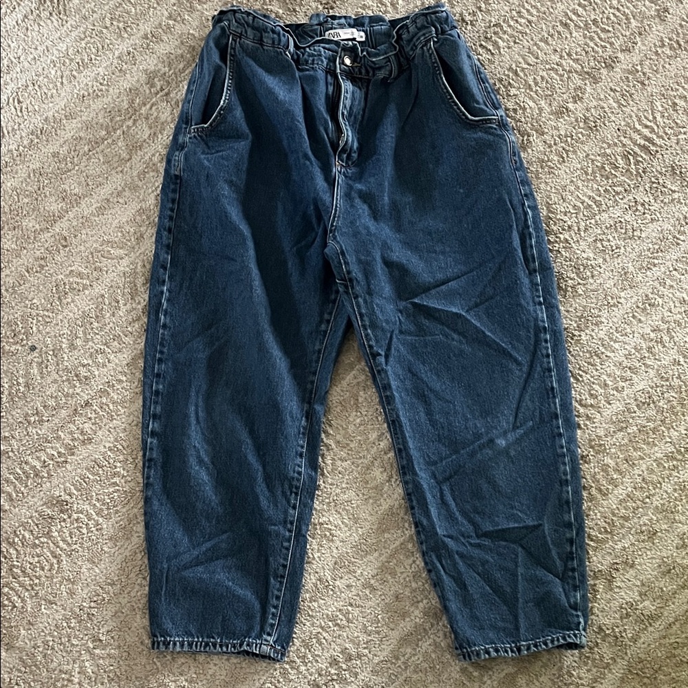 Zara High Waist Paper Bag Barrel Cut Cropped Dark Wash Blue Jean 12